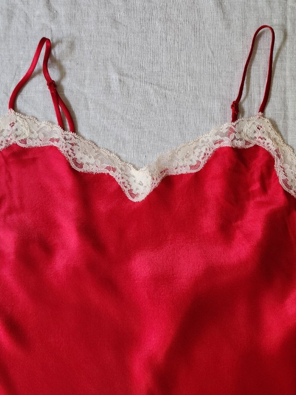 VTG Victoria’s Secret Red Satin Lace Slip Dress Medium High Thigh Slit - Picture 4 of 8